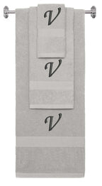 Silver monogrammed towel set with Black thread, Chancery font, initial V - 540 GSM cotton 3-piece