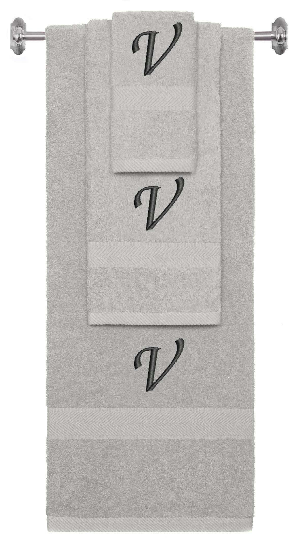 Silver monogrammed towel set with Black thread, Chancery font, initial V - 540 GSM cotton 3-piece