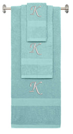 Nautical Teal monogrammed towel set with Silver thread, Chancery font, initial K - 540 GSM cotton 3-piece