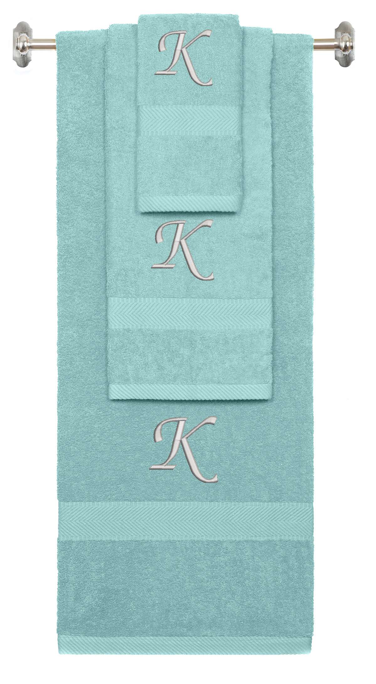 Nautical Teal monogrammed towel set with Silver thread, Chancery font, initial K - 540 GSM cotton 3-piece