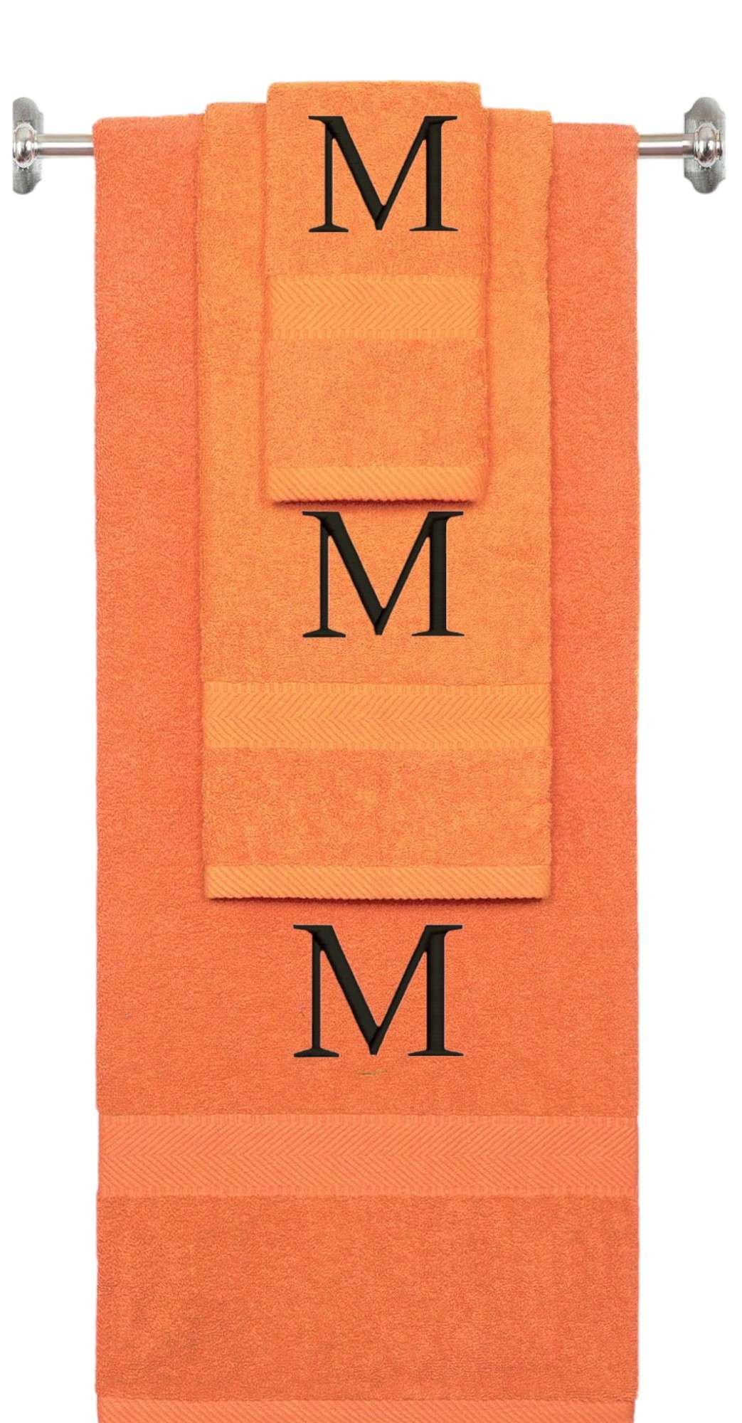 Orange monogrammed towel set with Black thread, Times New Roman font, initial M - 540 GSM cotton 3-piece