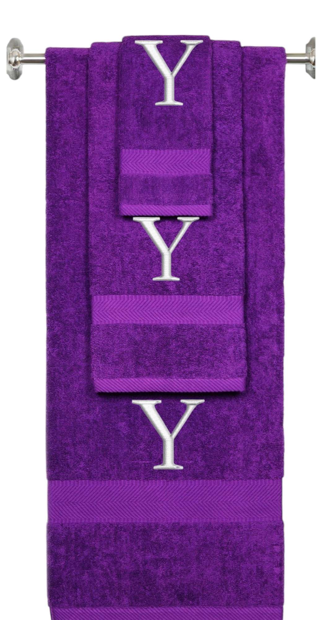 Purple monogrammed towel set with Silver thread, Times New Roman font, initial Y - 540 GSM cotton 3-piece