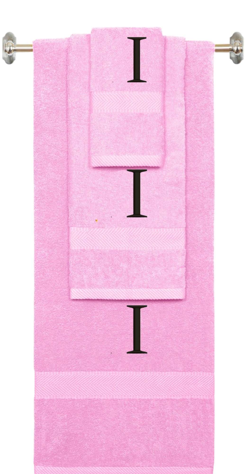 Pink monogrammed towel set with Black thread, Times New Roman font, initial I - 540 GSM cotton 3-piece