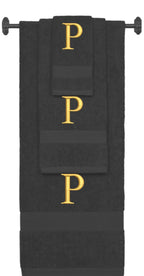 Charcoal monogrammed towel set with Gold thread, Times New Roman font, initial P - 540 GSM cotton 3-piece
