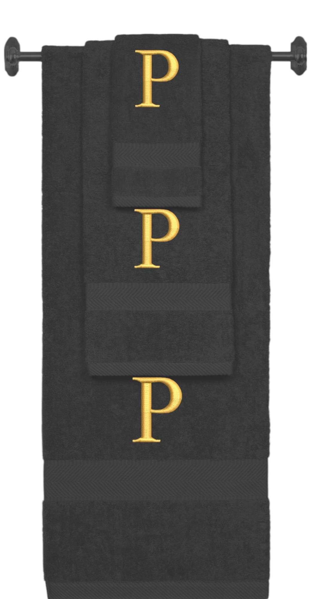 Charcoal monogrammed towel set with Gold thread, Times New Roman font, initial P - 540 GSM cotton 3-piece