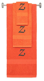 Orange monogrammed towel set with Black thread, Chancery font, initial Z - 540 GSM cotton 3-piece