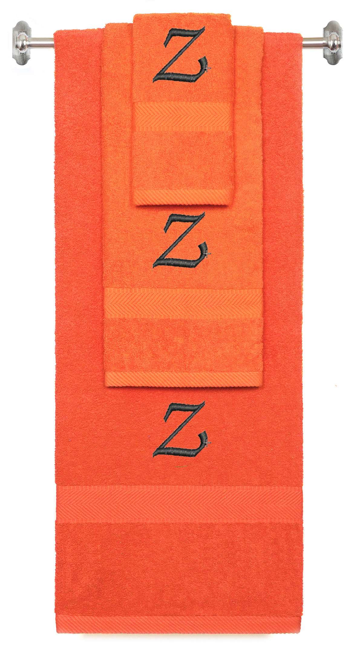 Orange monogrammed towel set with Black thread, Chancery font, initial Z - 540 GSM cotton 3-piece