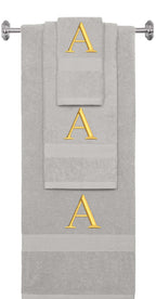 Silver monogrammed towel set with Gold thread, Times New Roman font, initial A - 540 GSM cotton 3-piece