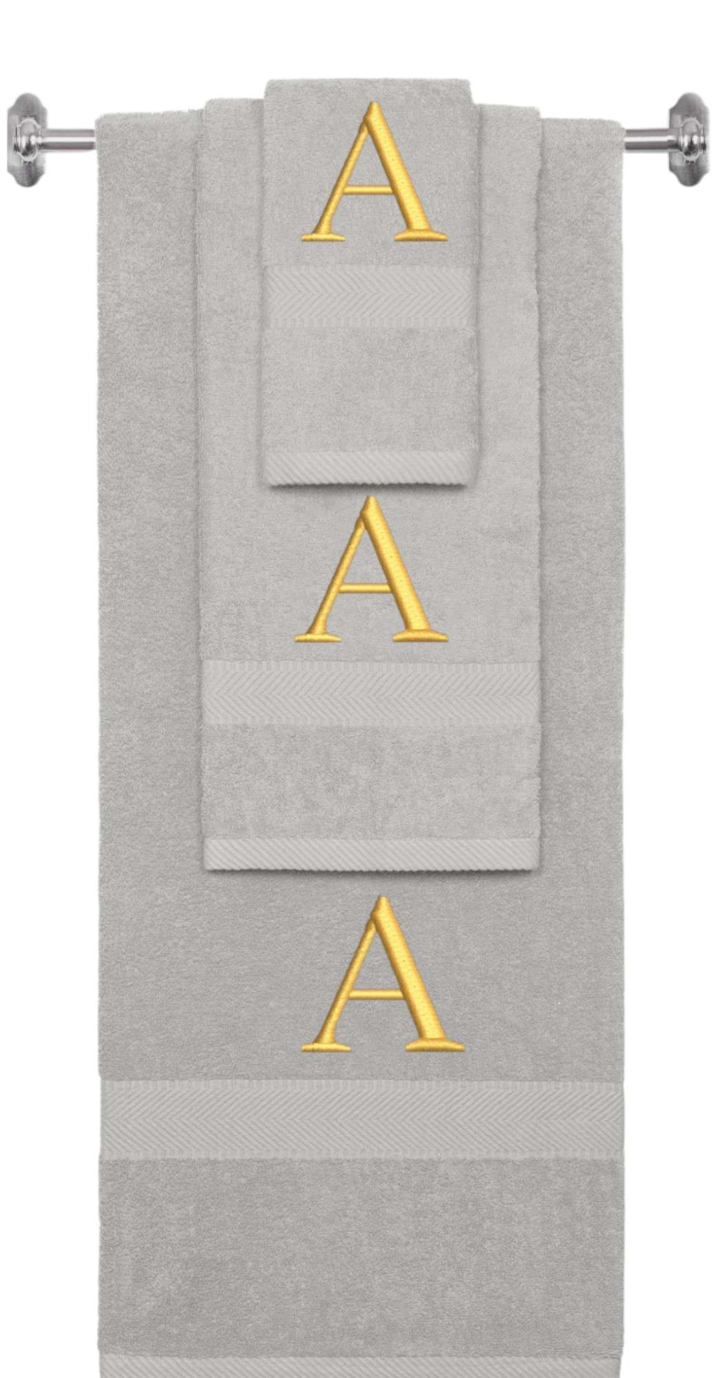 Silver monogrammed towel set with Gold thread, Times New Roman font, initial A - 540 GSM cotton 3-piece