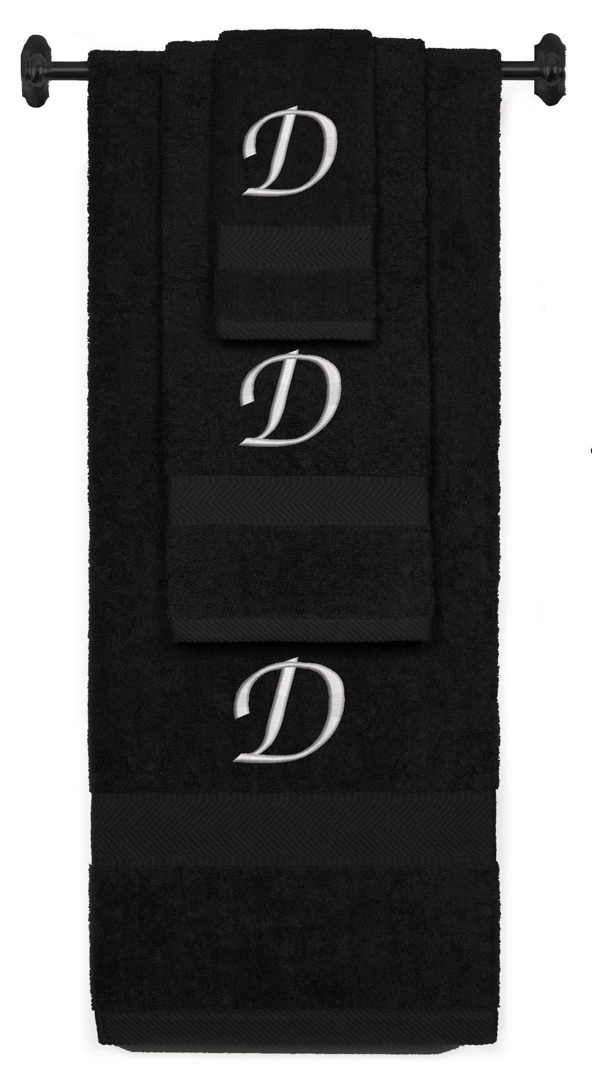 Black monogrammed towel set with Silver thread, Chancery font, initial D - 540 GSM cotton 3-piece
