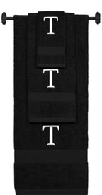 Black monogrammed towel set with White thread, Times New Roman font, initial T - 540 GSM cotton 3-piece
