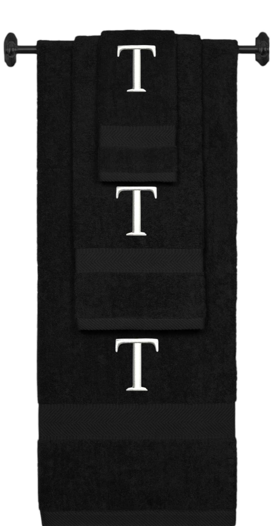Black monogrammed towel set with White thread, Times New Roman font, initial T - 540 GSM cotton 3-piece