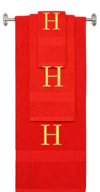 Red monogrammed towel set with Gold thread, Times New Roman font, initial H - 540 GSM cotton 3-piece