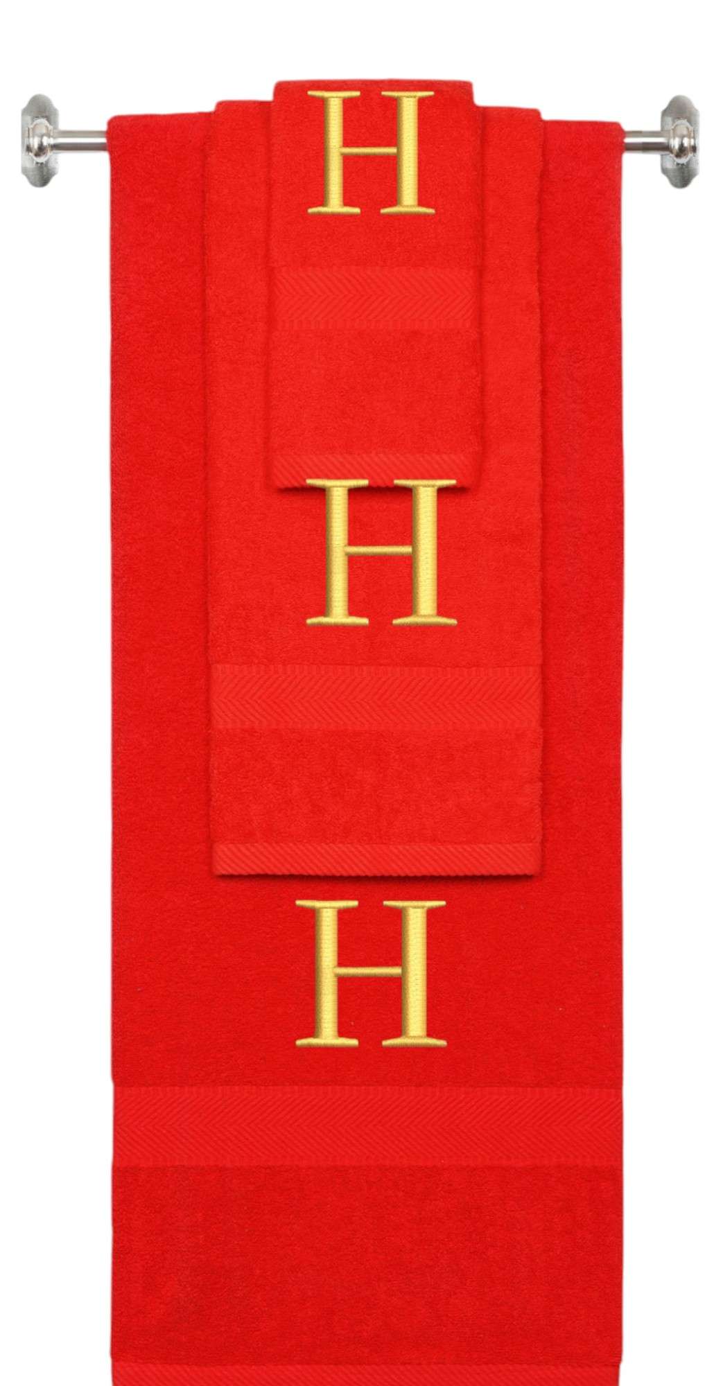 Red monogrammed towel set with Gold thread, Times New Roman font, initial H - 540 GSM cotton 3-piece