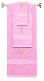 Pink monogrammed towel set with Gold thread, Chancery font, initial Y - 540 GSM cotton 3-piece