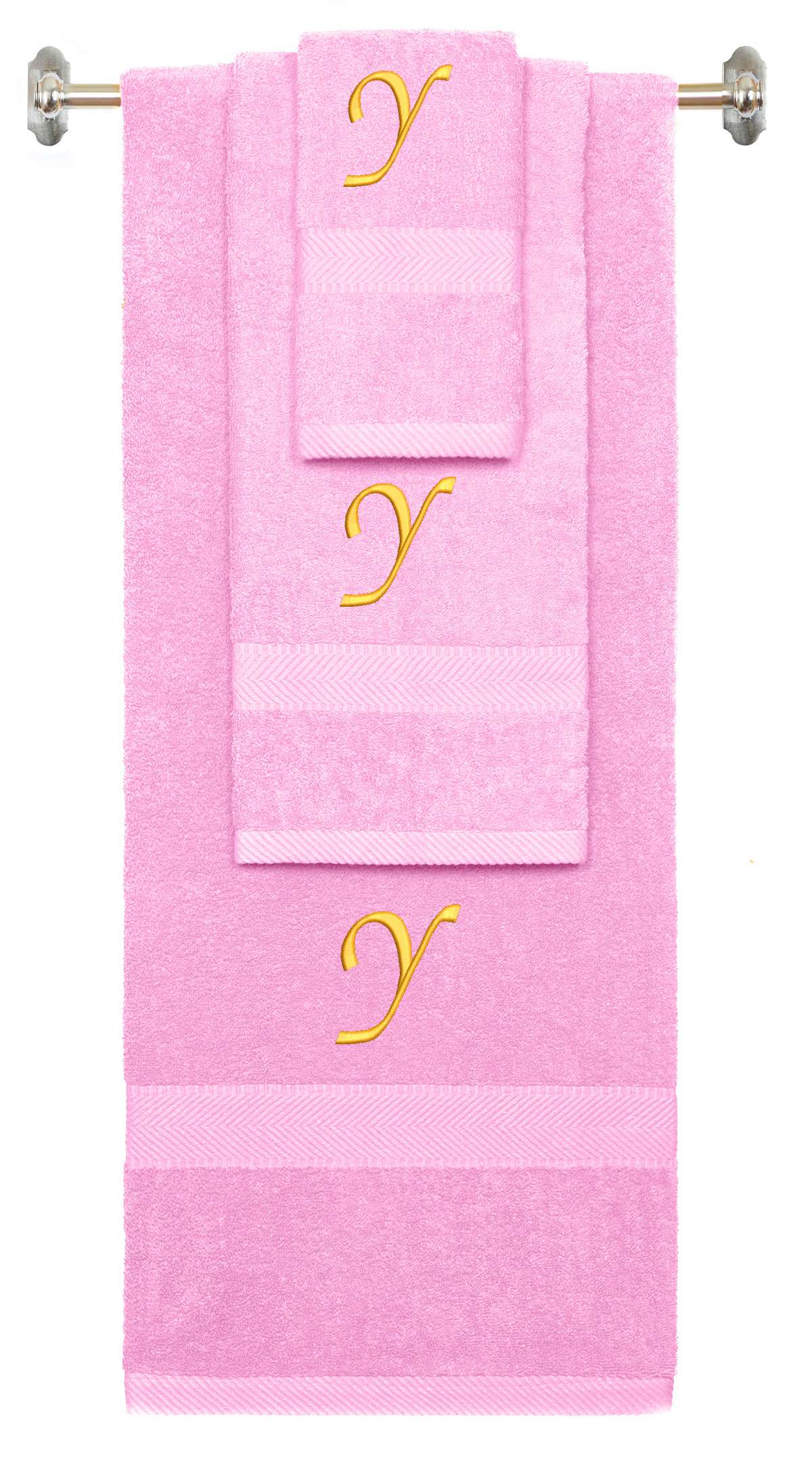 Pink monogrammed towel set with Gold thread, Chancery font, initial Y - 540 GSM cotton 3-piece