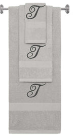 Silver monogrammed towel set with Black thread, Diana Script font, initial T - 540 GSM cotton 3-piece