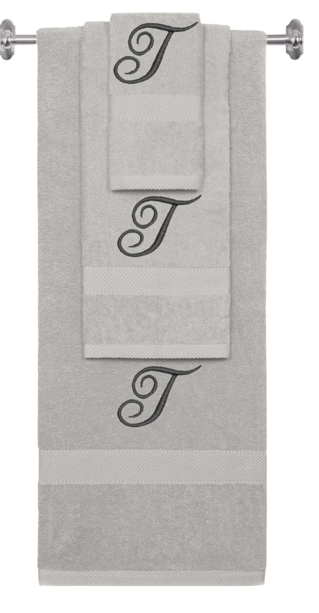 Silver monogrammed towel set with Black thread, Diana Script font, initial T - 540 GSM cotton 3-piece