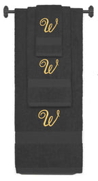 Charcoal monogrammed towel set with Gold thread, Diana Script font, initial W - 540 GSM cotton 3-piece