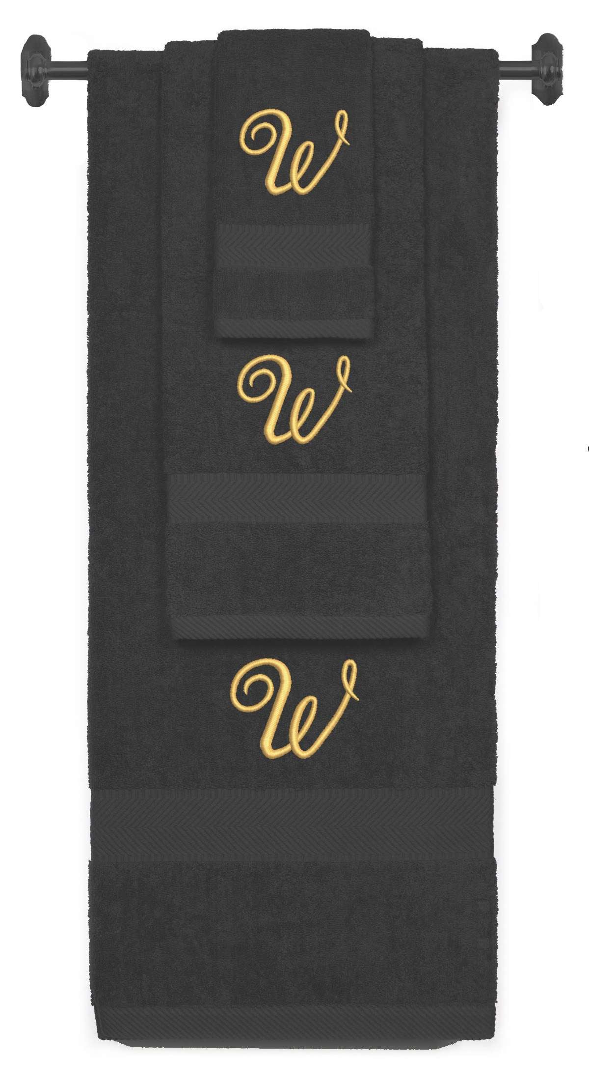 Charcoal monogrammed towel set with Gold thread, Diana Script font, initial W - 540 GSM cotton 3-piece