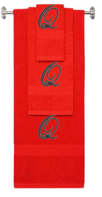 Red monogrammed towel set with Black thread, Diana Script font, initial Q - 540 GSM cotton 3-piece