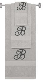 Silver monogrammed towel set with Black thread, Diana Script font, initial B - 540 GSM cotton 3-piece