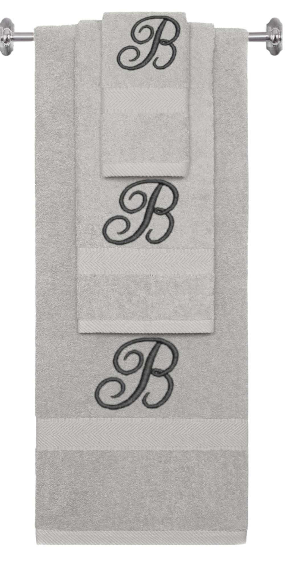 Silver monogrammed towel set with Black thread, Diana Script font, initial B - 540 GSM cotton 3-piece