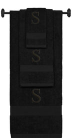 Black monogrammed towel set with Black thread, Times New Roman font, initial S - 540 GSM cotton 3-piece