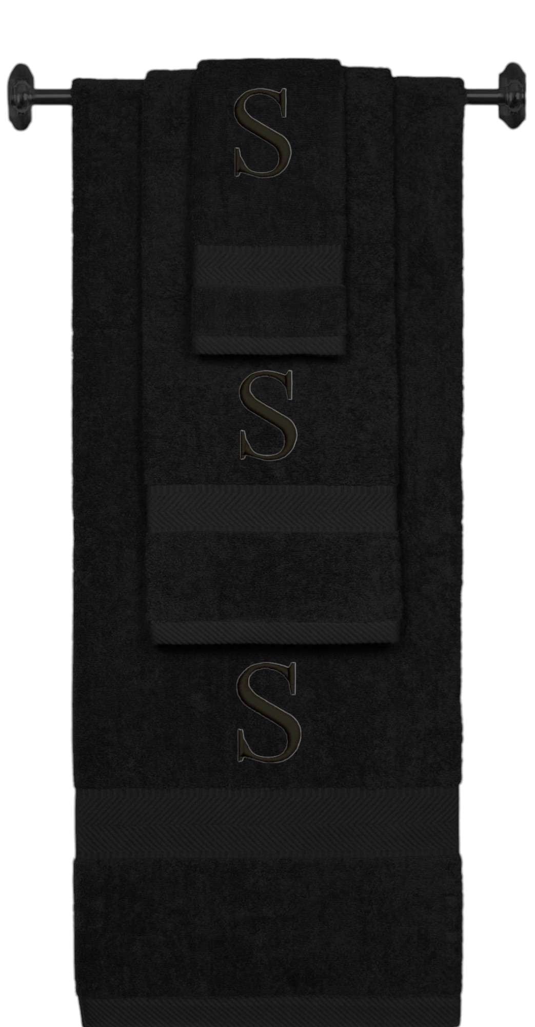 Black monogrammed towel set with Black thread, Times New Roman font, initial S - 540 GSM cotton 3-piece