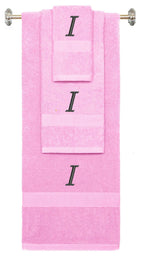 Pink monogrammed towel set with Black thread, Chancery font, initial I - 540 GSM cotton 3-piece