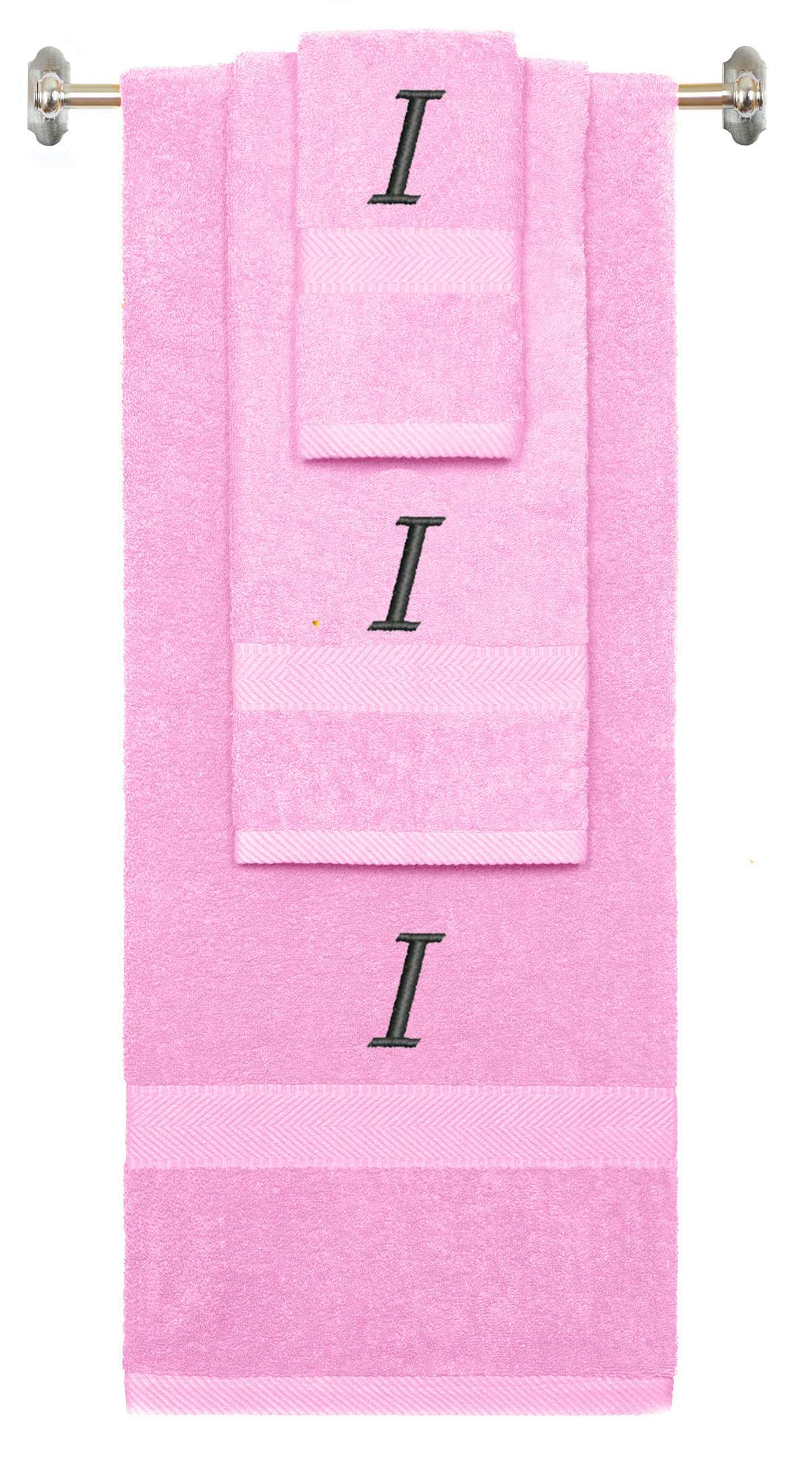 Pink monogrammed towel set with Black thread, Chancery font, initial I - 540 GSM cotton 3-piece