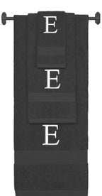 Charcoal monogrammed towel set with White thread, Times New Roman font, initial E - 540 GSM cotton 3-piece