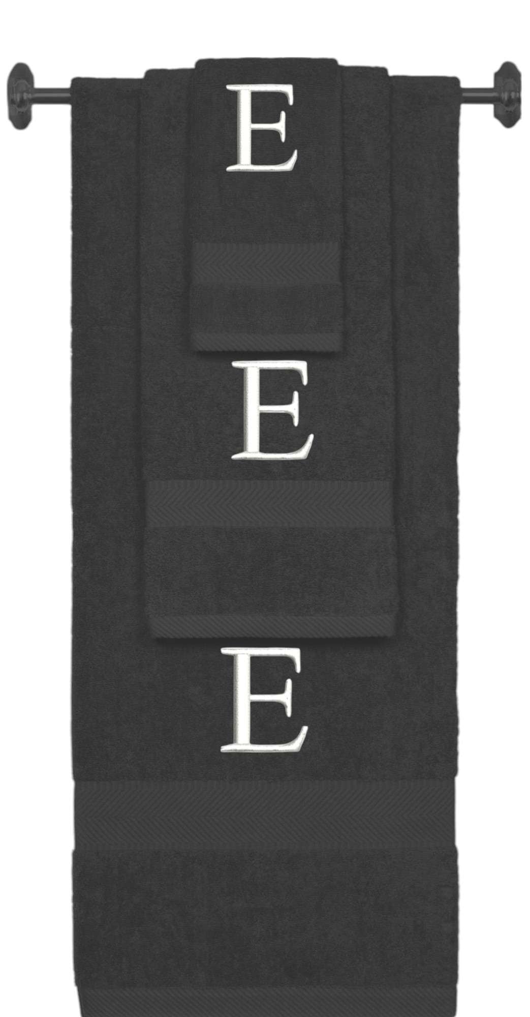 Charcoal monogrammed towel set with White thread, Times New Roman font, initial E - 540 GSM cotton 3-piece