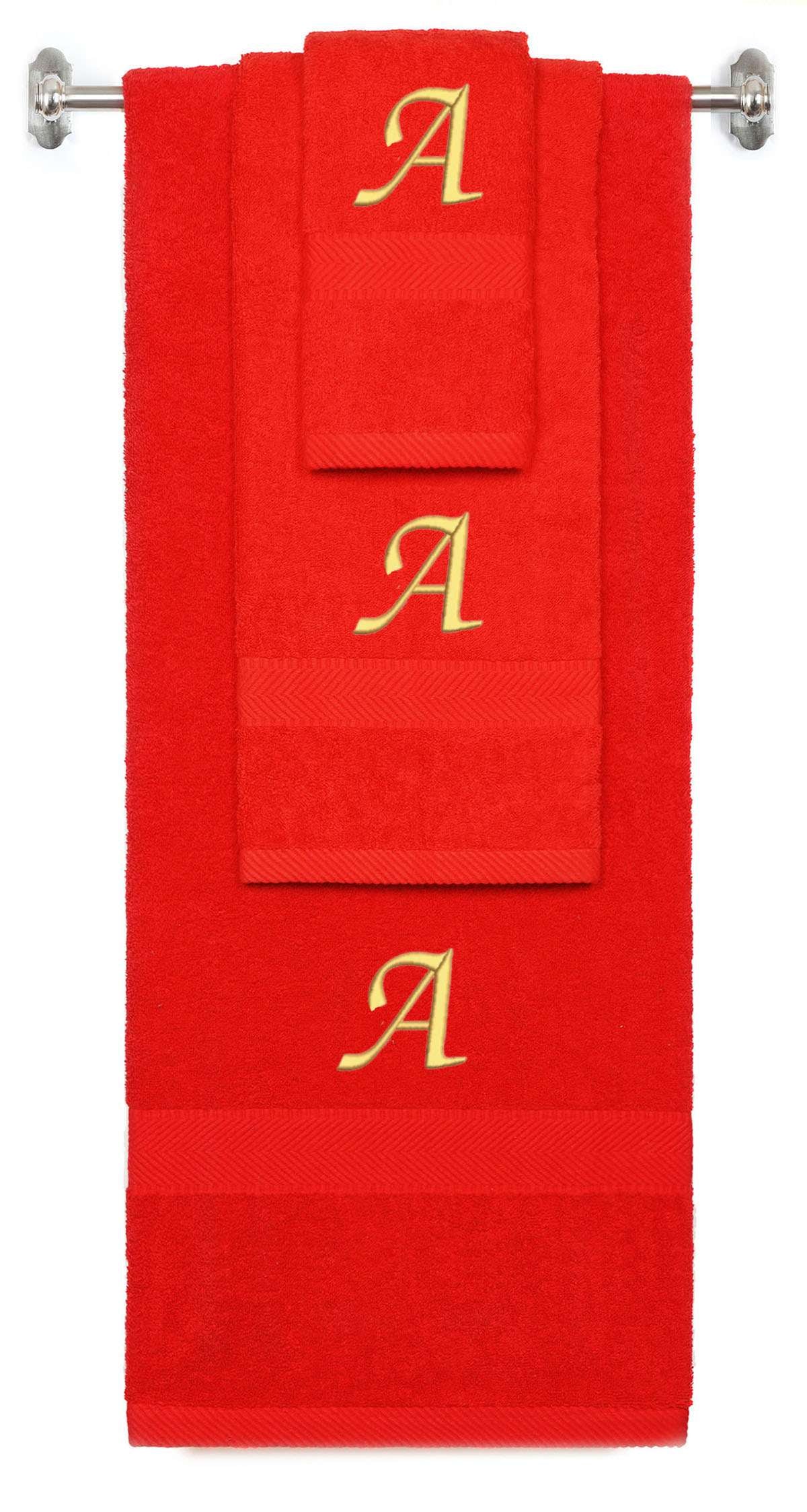 Red monogrammed towel set with Gold thread, Chancery font, initial A - 540 GSM cotton 3-piece