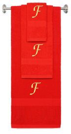 Red monogrammed towel set with Gold thread, Chancery font, initial F - 540 GSM cotton 3-piece