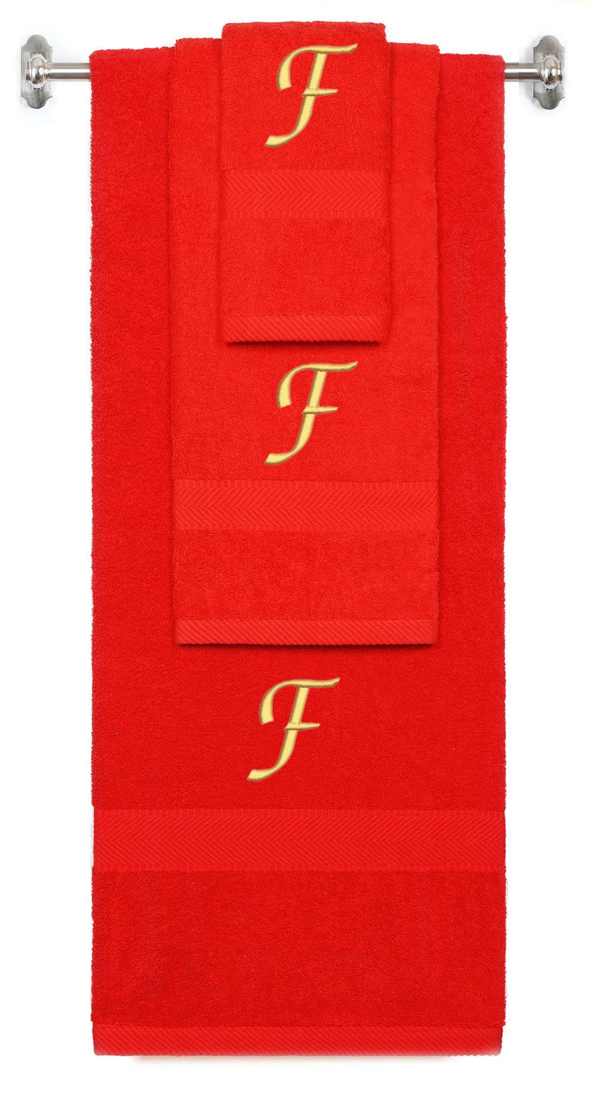 Red monogrammed towel set with Gold thread, Chancery font, initial F - 540 GSM cotton 3-piece
