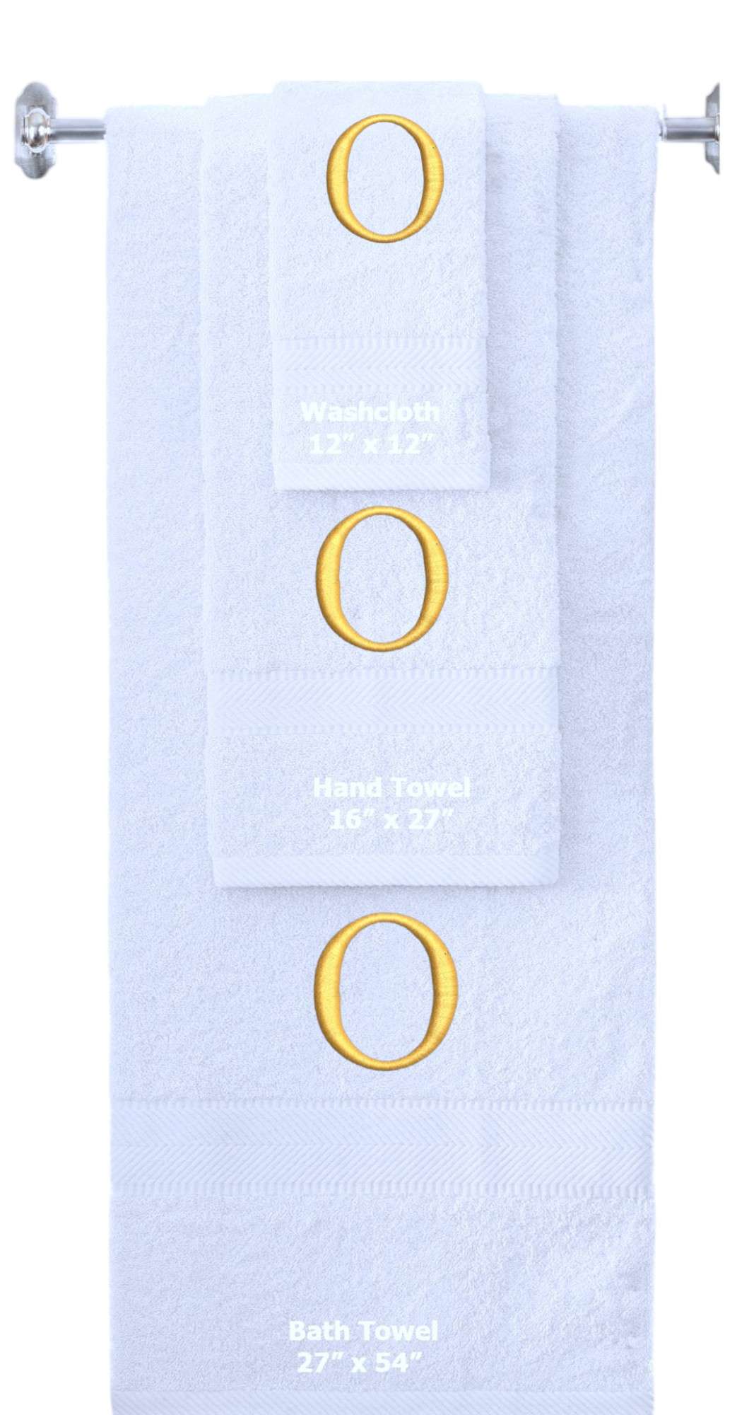 White monogrammed towel set with Gold thread, Times New Roman font, initial O - 540 GSM cotton 3-piece