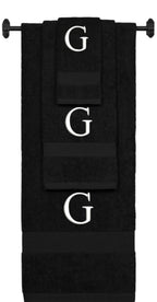 Black monogrammed towel set with White thread, Times New Roman font, initial G - 540 GSM cotton 3-piece