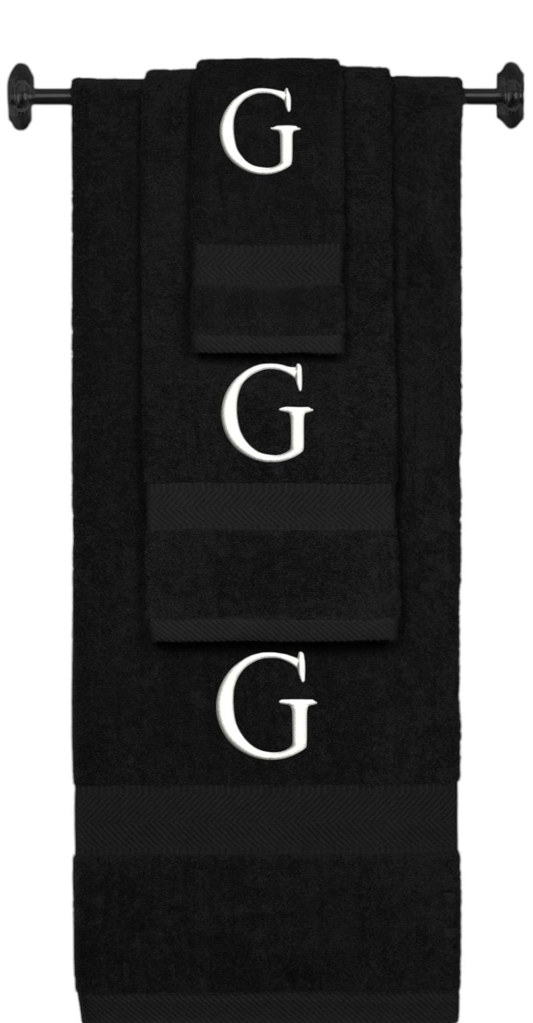 Black monogrammed towel set with White thread, Times New Roman font, initial G - 540 GSM cotton 3-piece