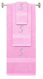 Pink monogrammed towel set with Silver thread, Chancery font, initial S - 540 GSM cotton 3-piece