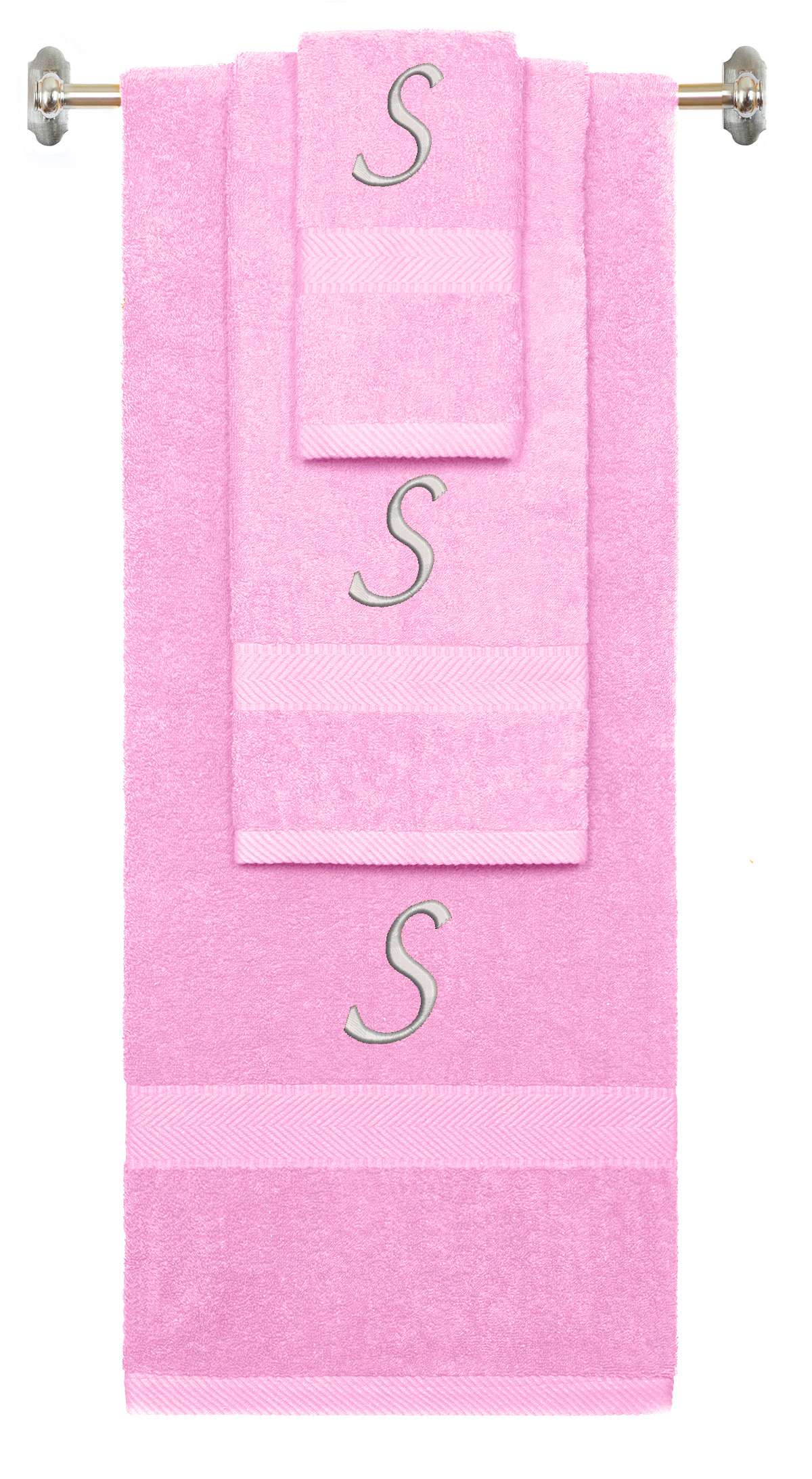 Pink monogrammed towel set with Silver thread, Chancery font, initial S - 540 GSM cotton 3-piece