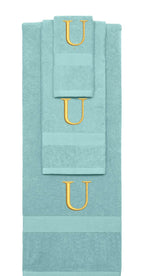 Nautical Teal monogrammed towel set with Gold thread, Times New Roman font, initial U - 540 GSM cotton 3-piece