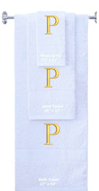White monogrammed towel set with Gold thread, Times New Roman font, initial P - 540 GSM cotton 3-piece