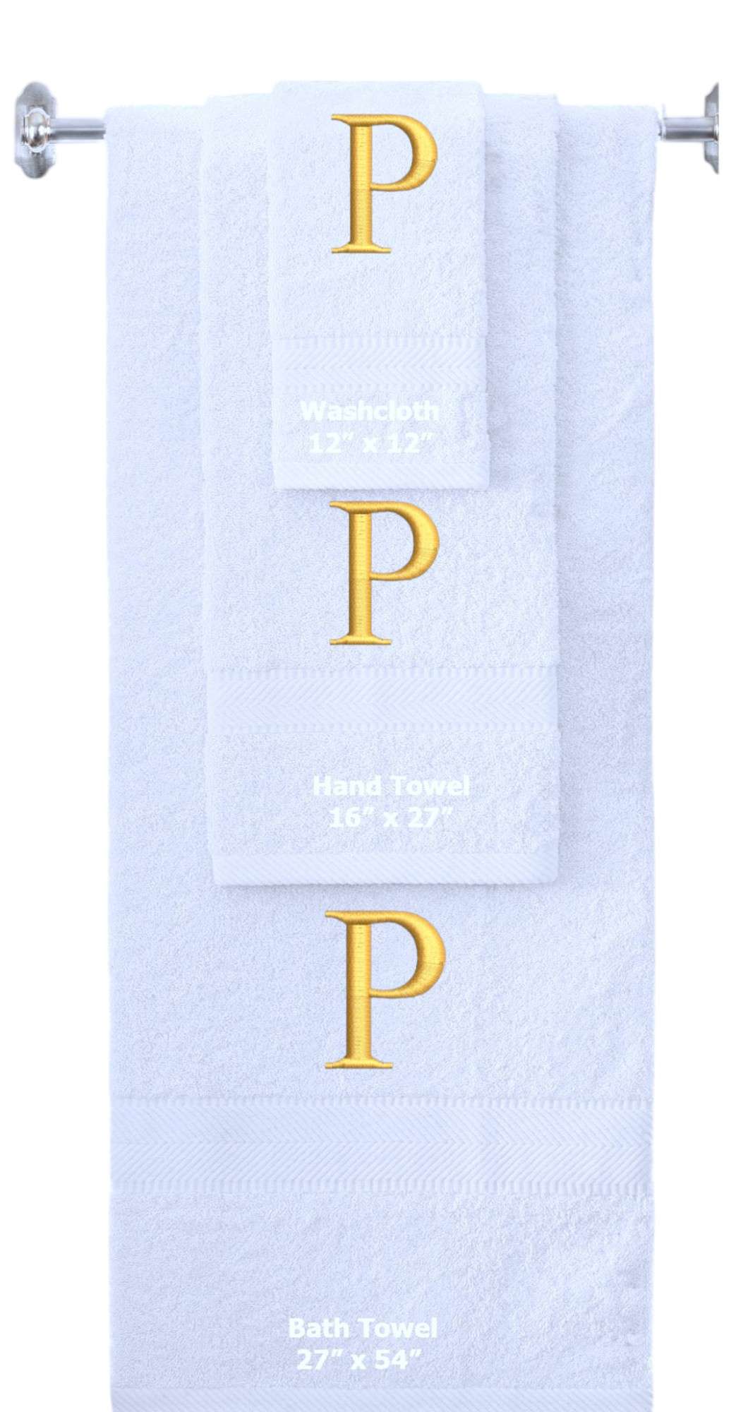 White monogrammed towel set with Gold thread, Times New Roman font, initial P - 540 GSM cotton 3-piece
