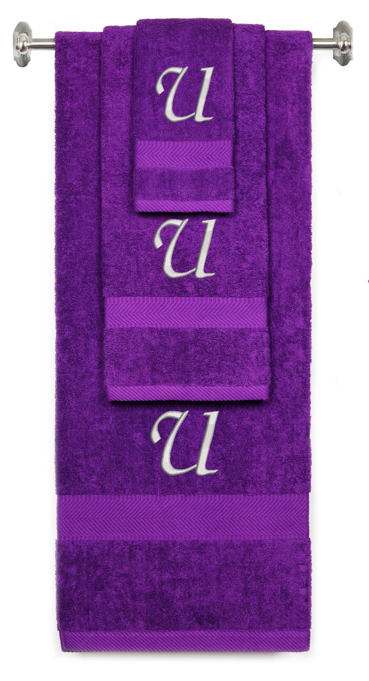 Purple monogrammed towel set with Silver thread, Chancery font, initial U - 540 GSM cotton 3-piece