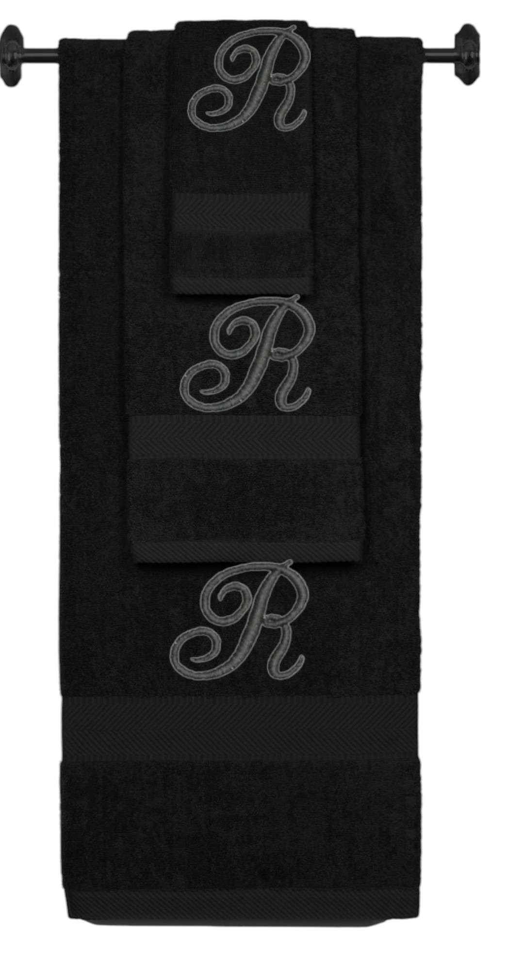 Black monogrammed towel set with Black thread, Diana Script font, initial R - 540 GSM cotton 3-piece