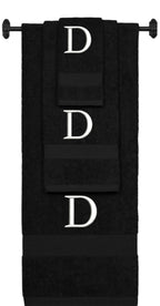 Black monogrammed towel set with White thread, Times New Roman font, initial D - 540 GSM cotton 3-piece