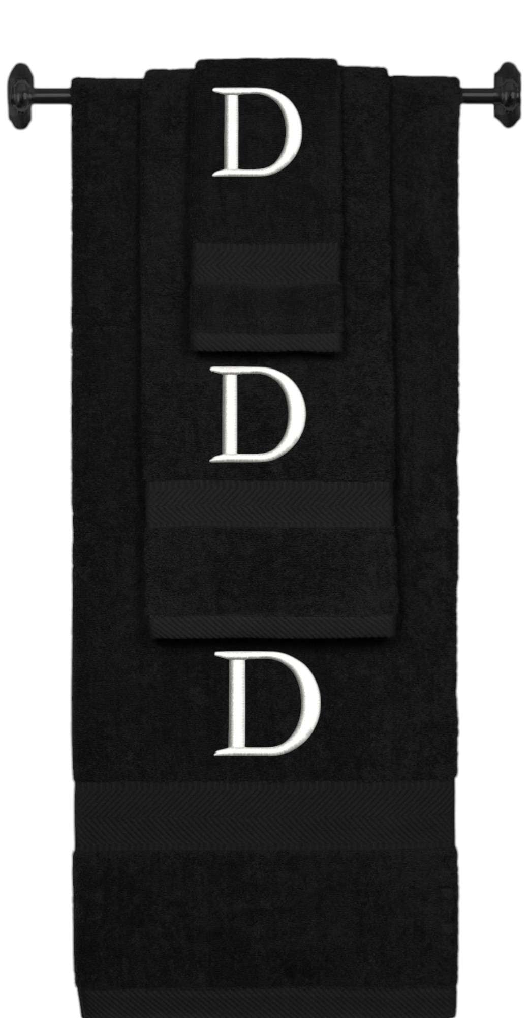 Black monogrammed towel set with White thread, Times New Roman font, initial D - 540 GSM cotton 3-piece