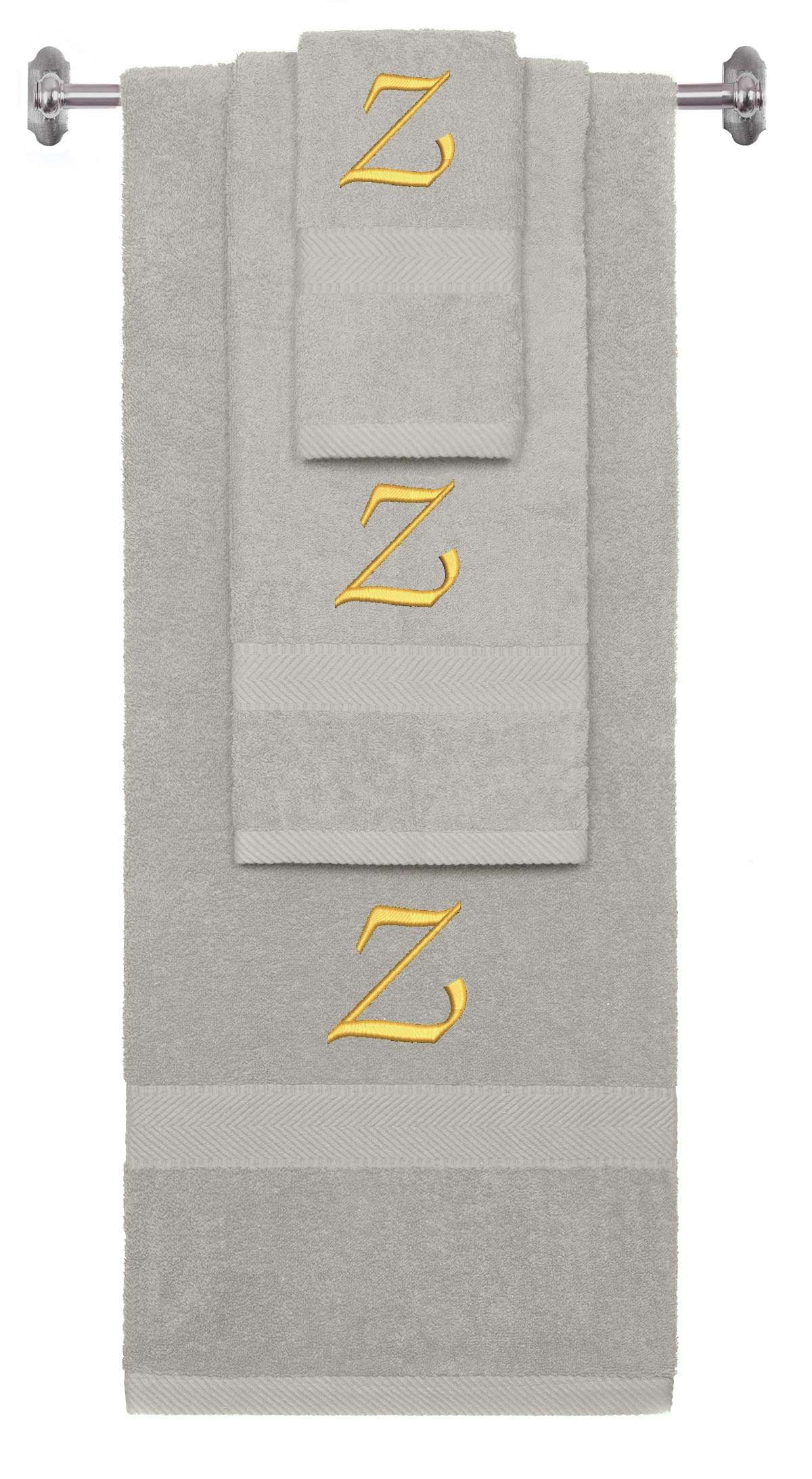Silver monogrammed towel set with Gold thread, Chancery font, initial Z - 540 GSM cotton 3-piece