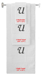 White monogrammed towel set with Black thread, Chancery font, initial U - 540 GSM cotton 3-piece
